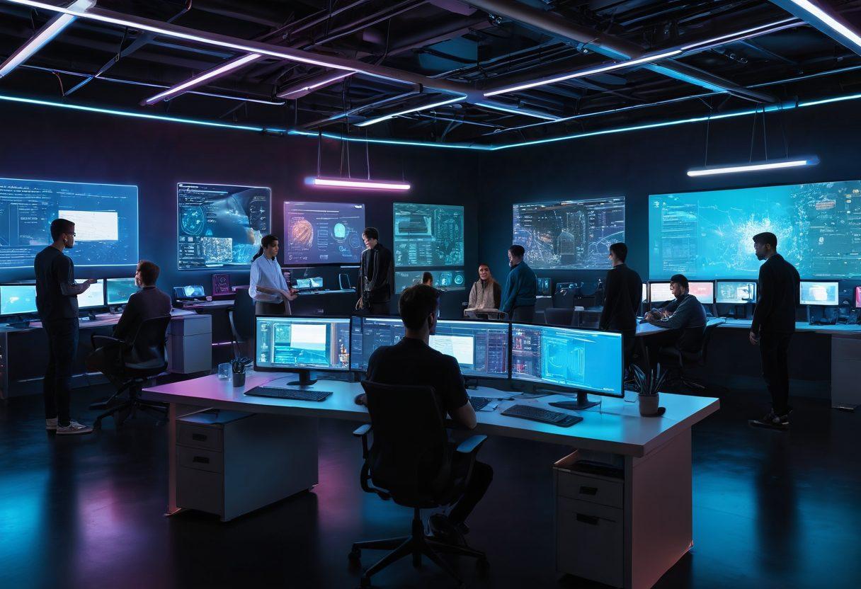A futuristic workspace filled with innovative gadgets and code snippets on screens, featuring a diverse group of tech enthusiasts collaborating. In the background, a holographic display showcases emerging technologies for 2023, such as AI, IoT, and robotics. Bright neon lights and sleek furniture create an inspiring atmosphere. super-realistic. vibrant colors. modern design.