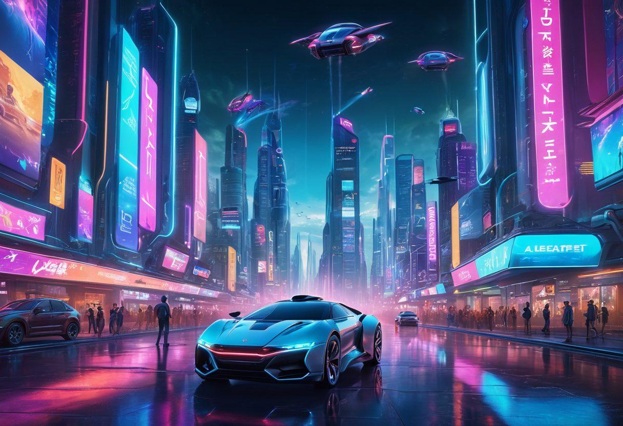 A futuristic city skyline featuring flying cars and holographic advertisements, with diverse people engaging with advanced gadgets and AI robots. The atmosphere is vibrant with neon lights illuminating the night sky, emphasizing the excitement of technological trends. Include 3D elements and dynamic motion to convey a sense of innovation. cyberpunk. vibrant colors.
