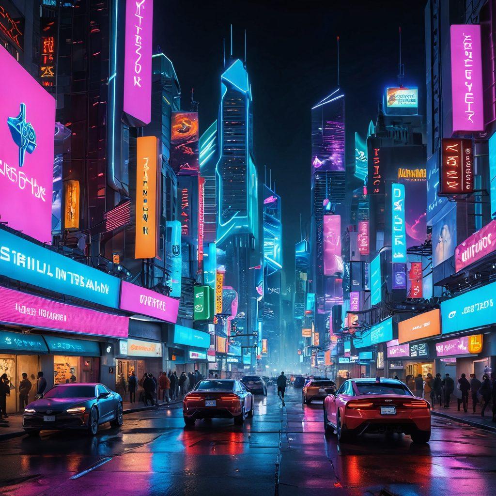 A futuristic city skyline illuminated by neon lights, showcasing drone delivery services in the sky, robots interacting with humans on the street, and holographic advertisements displaying the latest tech trends. The scene should radiate a sense of innovation and excitement, with vibrant colors enhancing the energetic atmosphere. cyberpunk. super-realistic. vibrant colors.